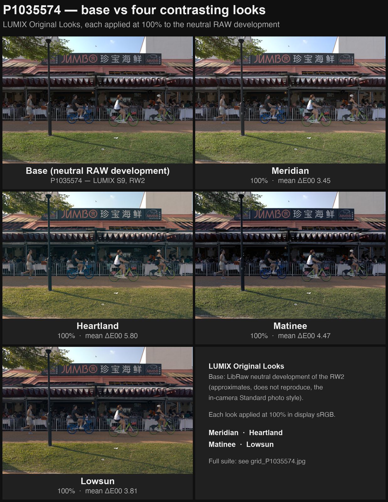 Warm afternoon scene: the base plus four contrasting LUTs
